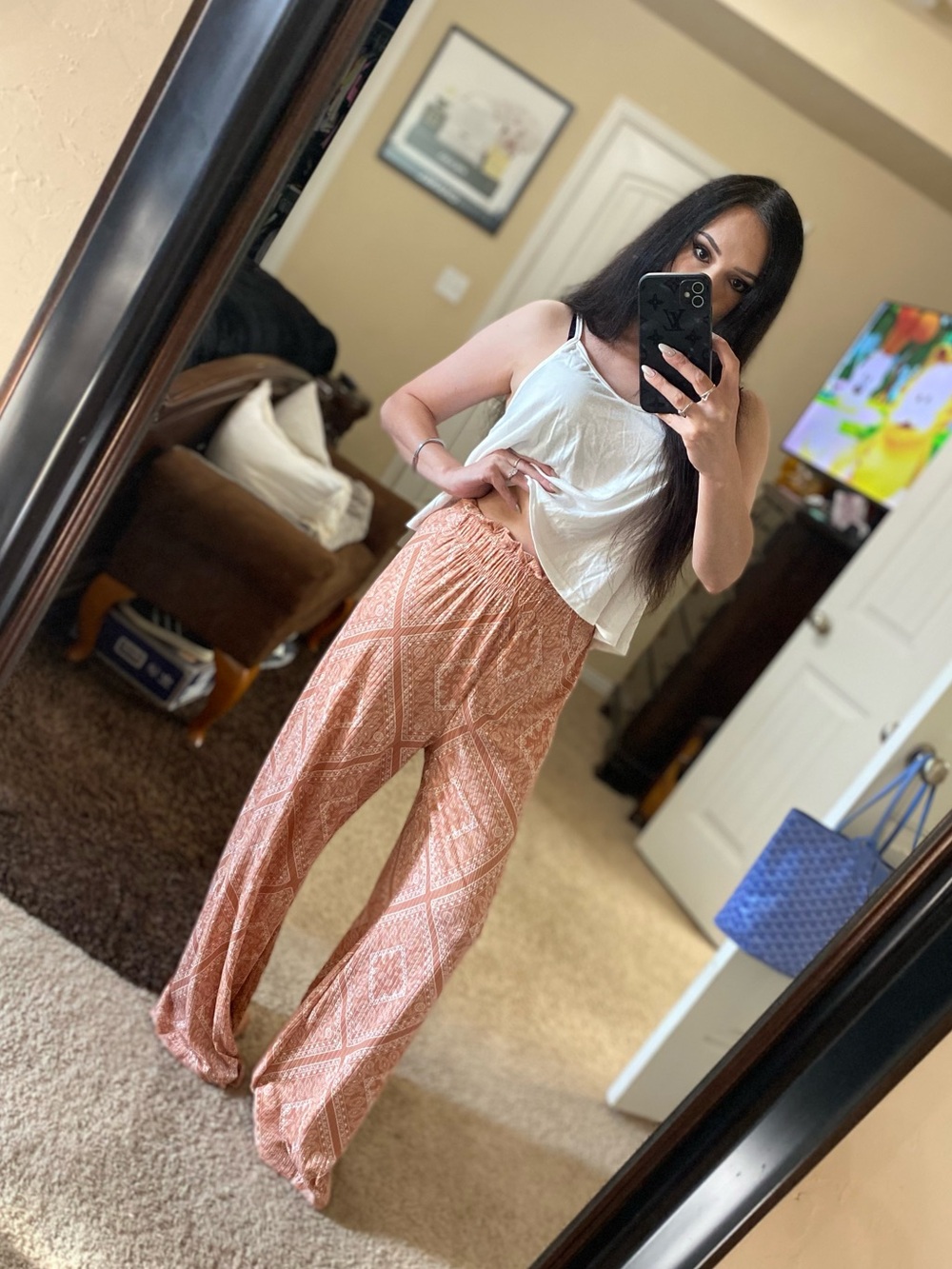 Poof New York peach paisley wide leg stretch pants M